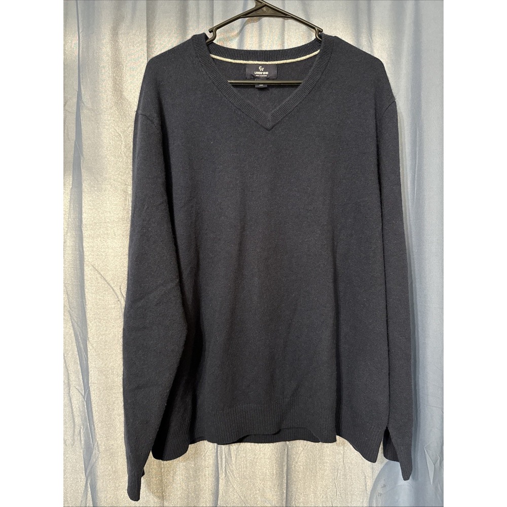 Lands End 100% Cashmere Men's V-Neck Navy Blue Pull Over Sweater XL 46-48